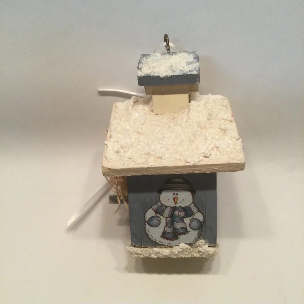 Wooden Bird House Ornament Christmas Snow Topped Snow Man Blue 5” Hand Crafted